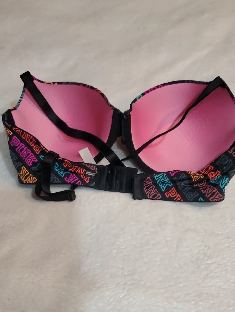 PINK Victoria's Secret Black Multicolor Logo Push-Up Bra Sz. 34DD